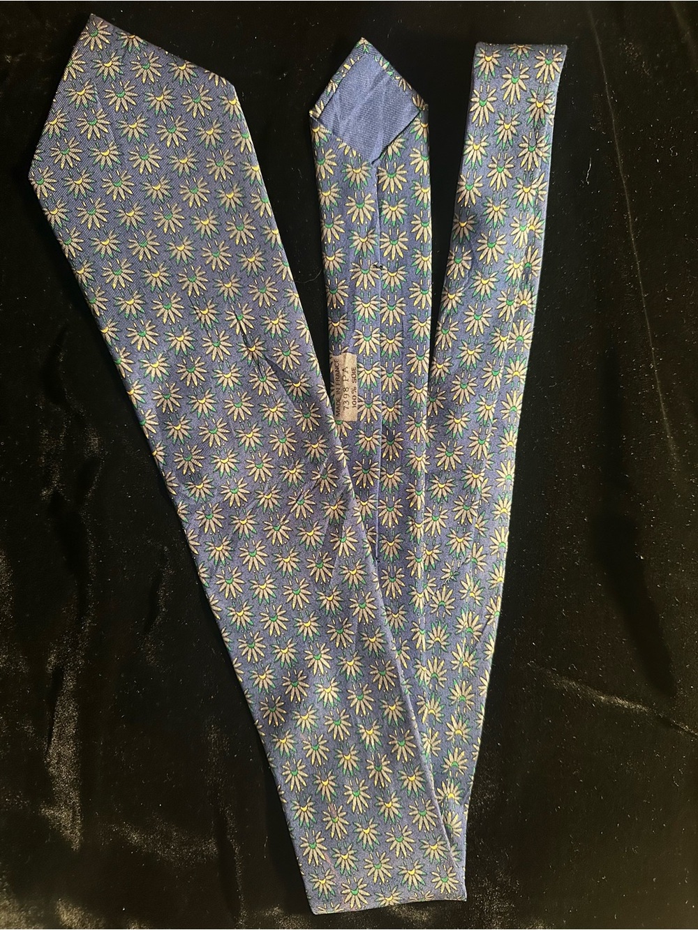 Hermes Blue Silk Tie with Yellow and White Daisy Pattern